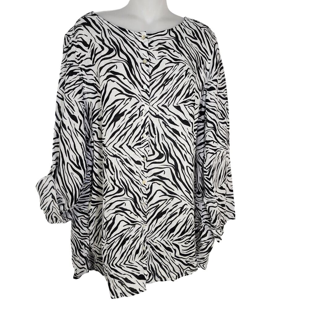 Cynthia Rowley Womens Top 2X 100% Linen Zebra Print Button Long Roll Tab Sleeve